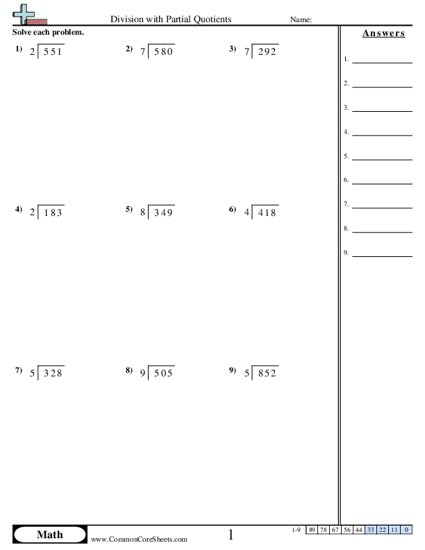 4.nbt.6 Worksheets - Division with Partial Quotients worksheet